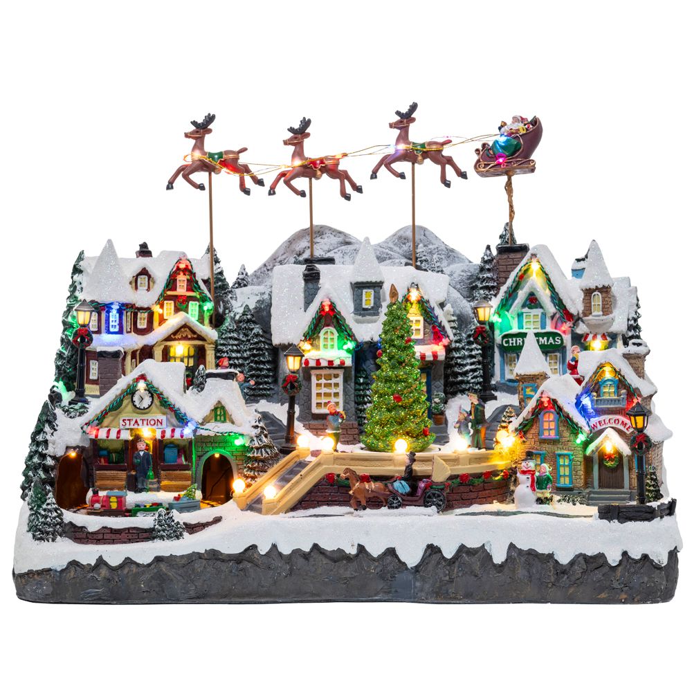 Decoratiune de Craciun animata cu peisaj de iarna si orasel in miniatura de cincizeci si cinci centimetri