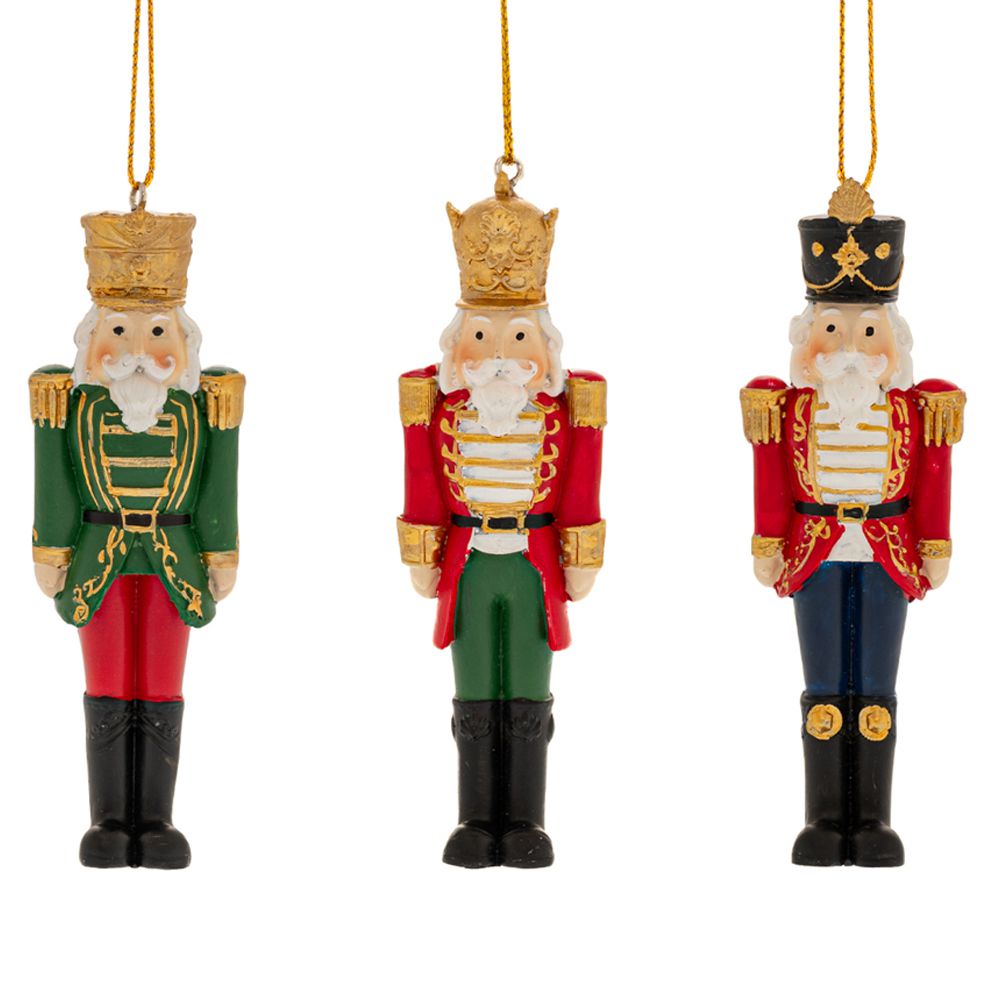 Set trei decoratiuni pentru bradul de Craciun sub forma de spargatori de nuci din polirasina colorata