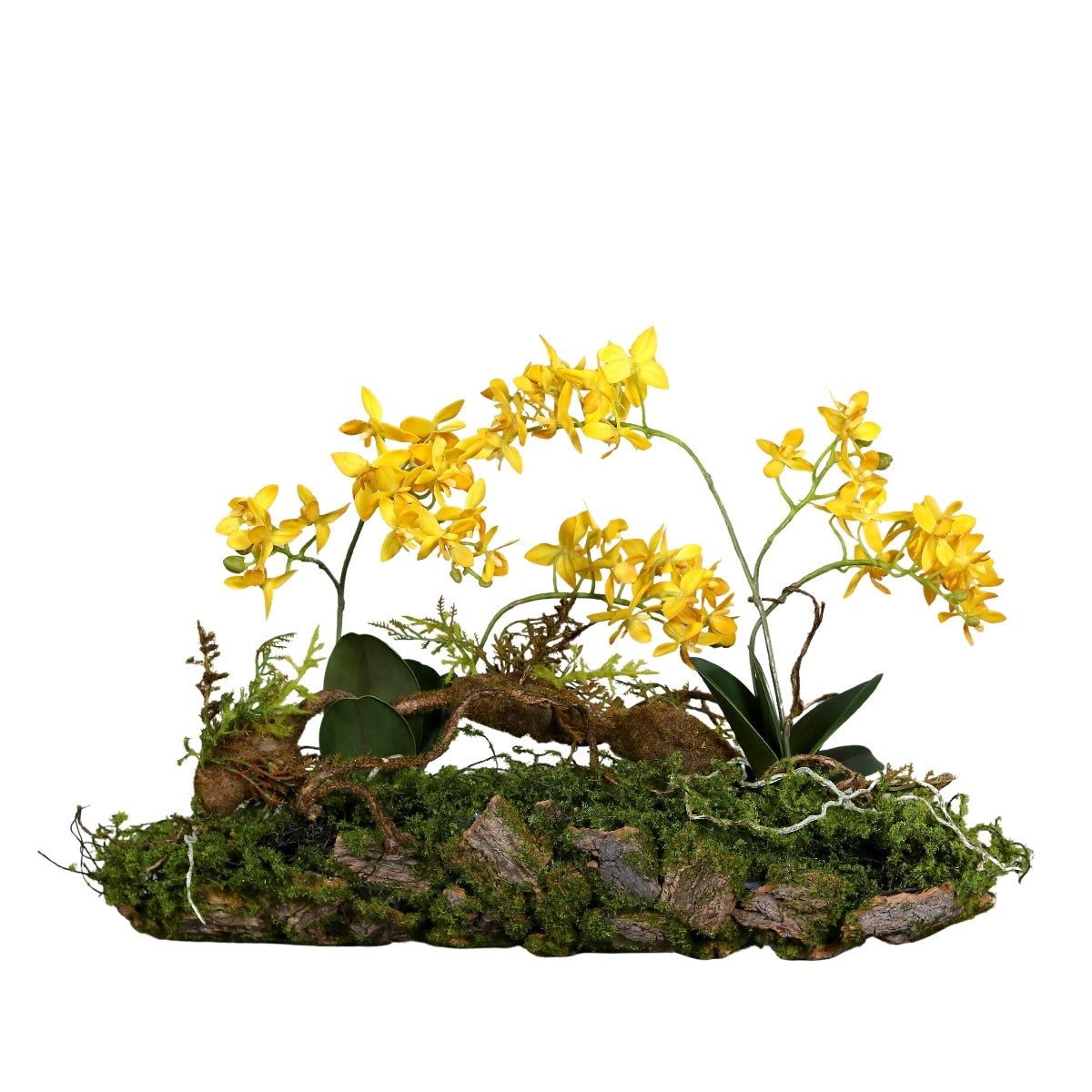 Aranjament artificial cu orhidee galbena, pe suport lemnos cu muschi, 50 cm