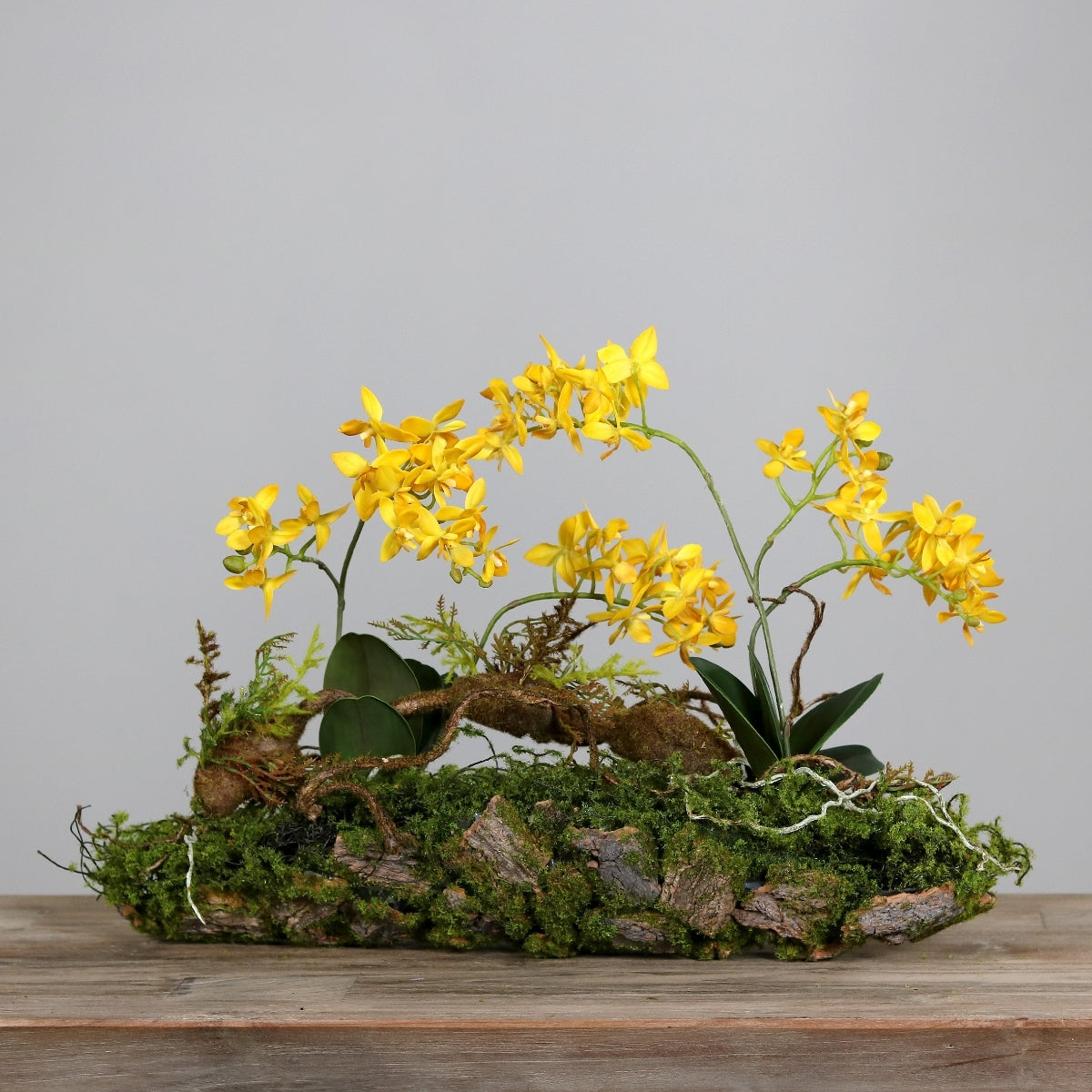 Aranjament artificial cu orhidee galbena, pe suport lemnos cu muschi, 50 cm