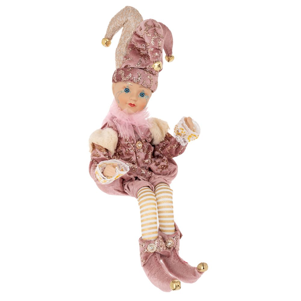 Decoratiune de Craciun tip bufon in costum roz cu detalii festive si mecanism de miscare