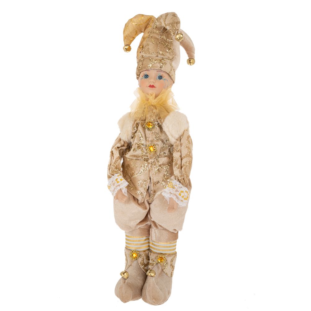 Decoratiune de Craciun bufon in costum bej cu auriu cu functie de muzica si miscare inaltime cincizeci centimetri