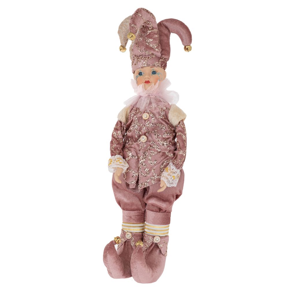 Decoratiune de Craciun bufon in costum roz cu sclipici cu muzica si miscare inaltime cincizeci centimetri