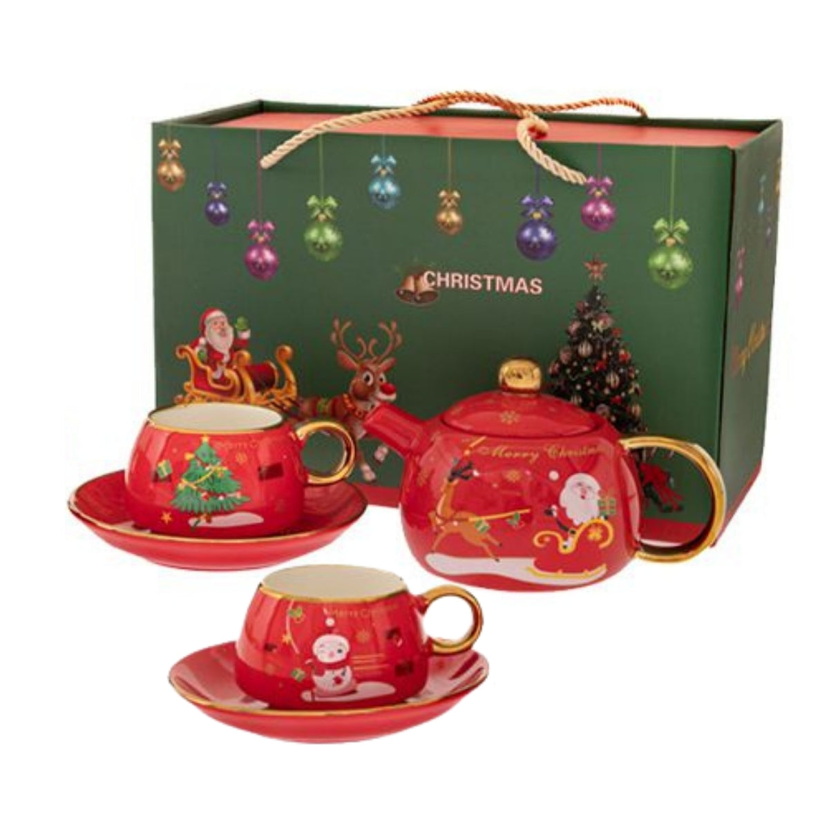 Set ceainic cu 2 cani decorative de Craciun in cutie cadou, rosii, 28 x 14 x 18 cm
