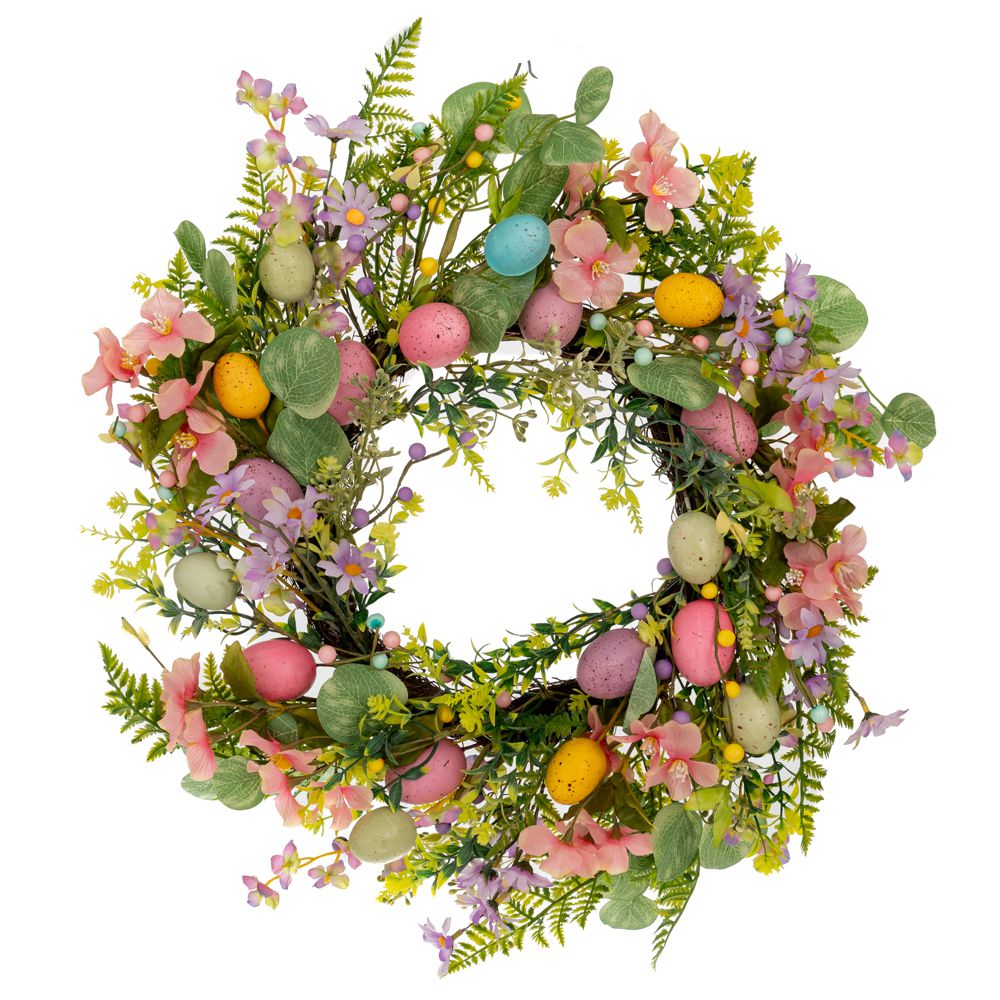 Decoratiune de Pasti sub forma de coronita rotunda cu oua decorative si flori multicolore de primavara
