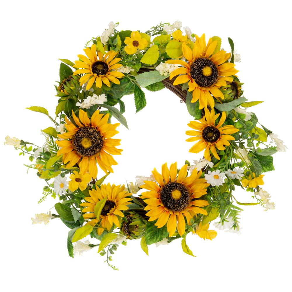 Coronita decorativa rotunda cu flori de floarea soarelui artificiale galbene si frunze verzi