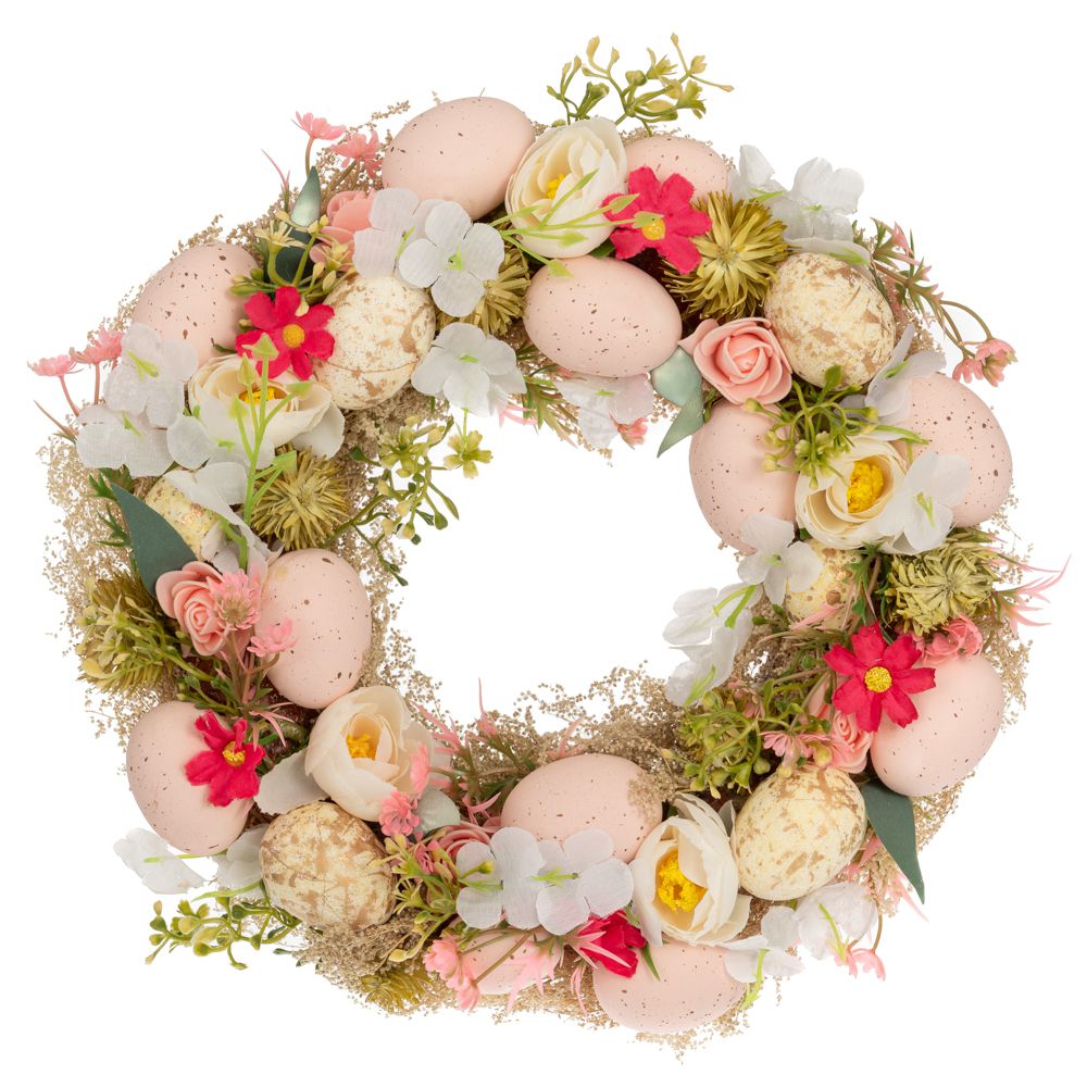 Coronita de Pasti cu oua roz si flori multicolore de treizeci centimetri pentru decorul usii sau mesei festive