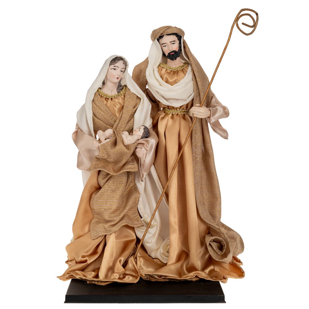 Ansamblu de trei figurine reprezentand scena Nasterii Domnului realizate din material textil in nuante de crem si auriu avand inaltimea de treizeci centimetri