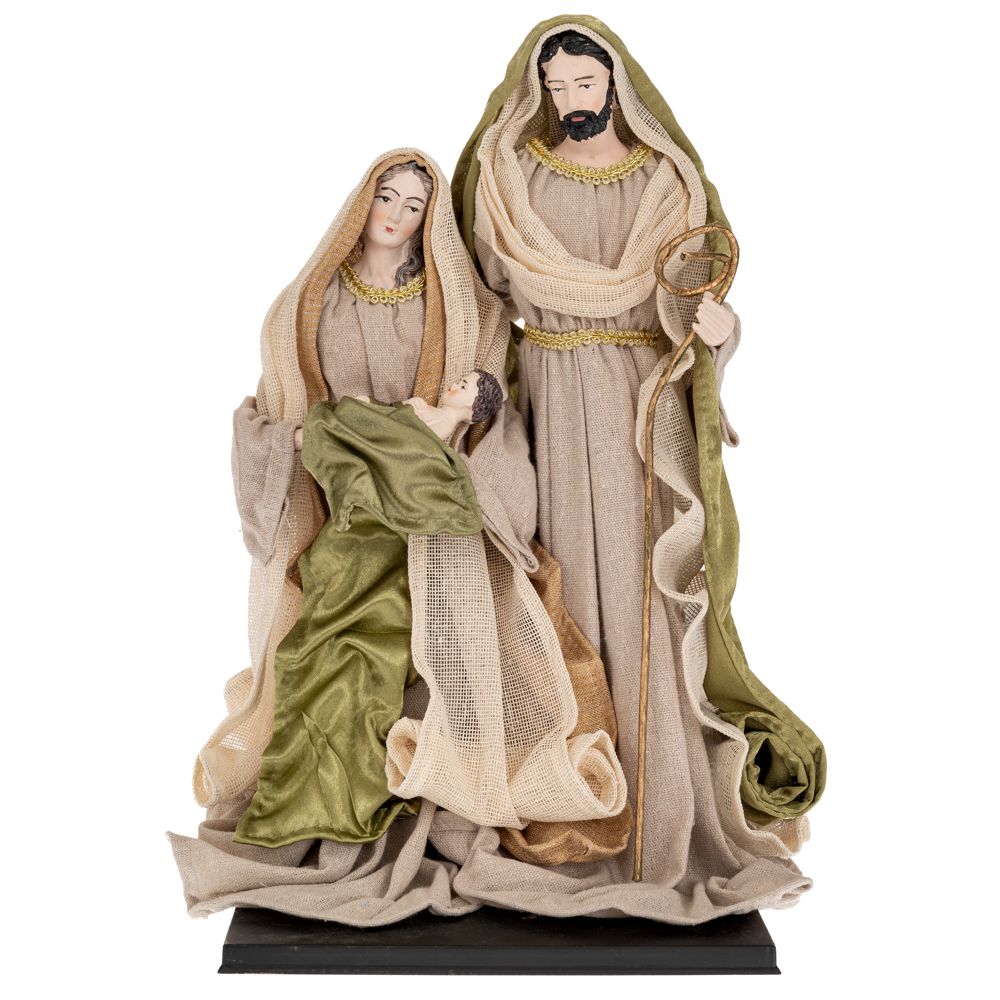 Ansamblu trei figurine reprezentand scena Nasterii Domnului din material textil in nuante de crem si verde inaltime treizeci centimetri