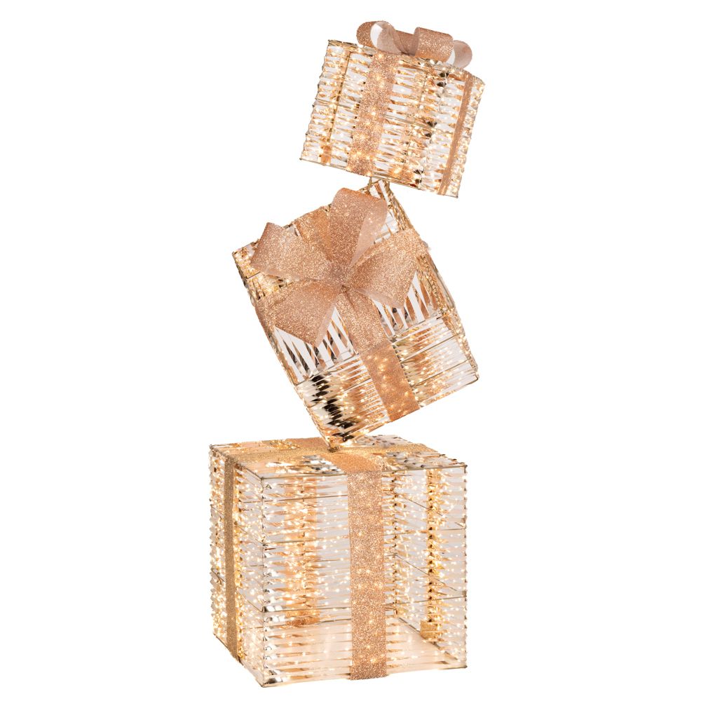 Decoratiune de Craciun sub forma de cutii de cadouri suprapuse iluminate cu o mie cinci sute de leduri avand inaltimea de nouazeci si cinci centimetri