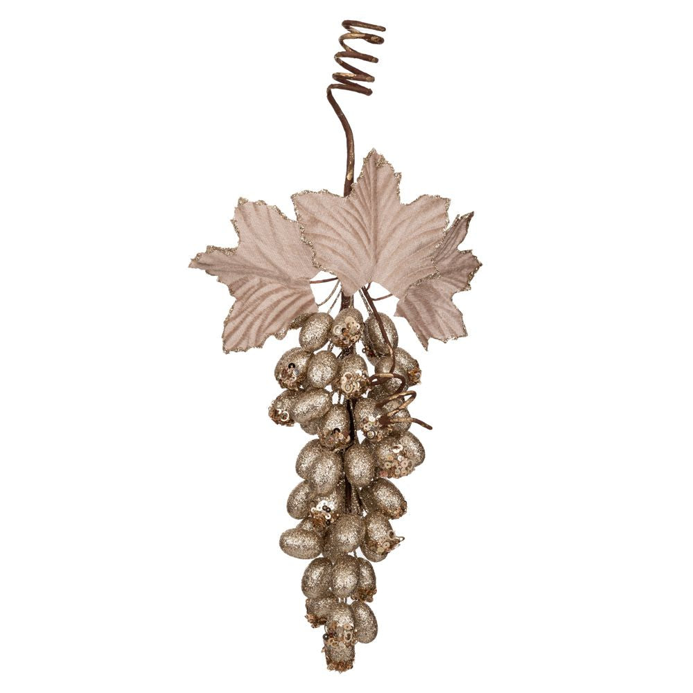 decoratiune brad ciorchine strugure bej cu sclipici 33 cm