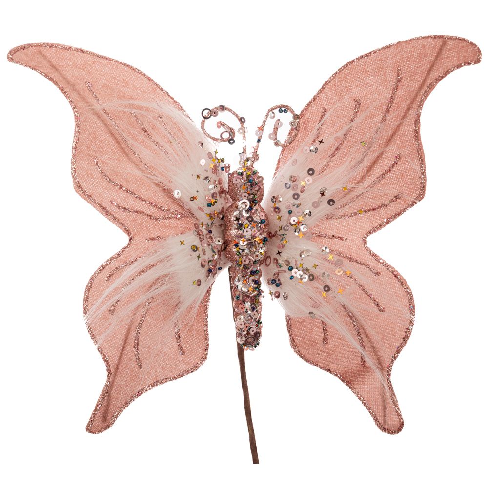 fluture decorativ roz cu pene pentru bradul de Craciun