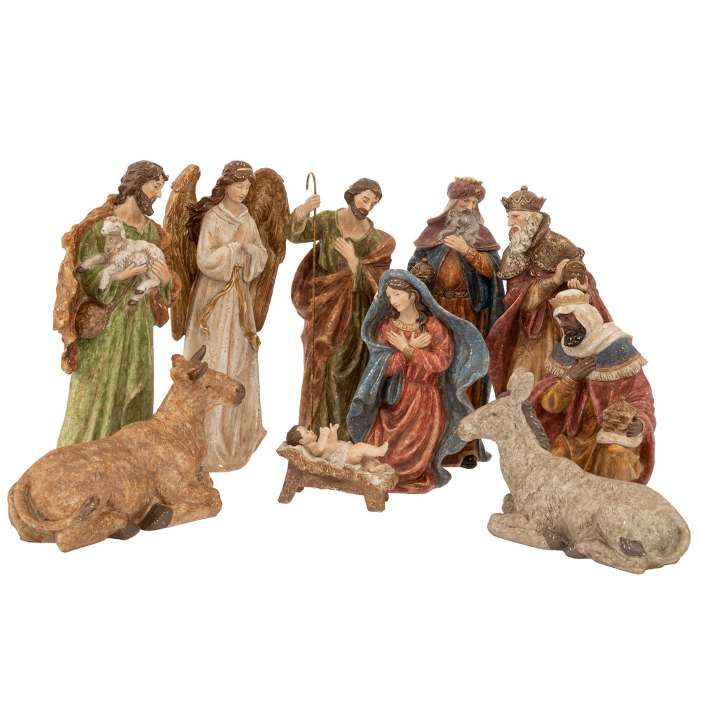 Set zece figurine din polirasina reprezentand scena Nasterii Domnului cu inaltimi intre optsprezece si patruzeci si cinci centimetri