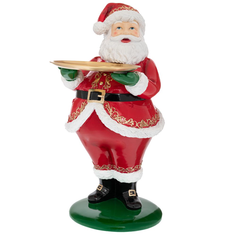 Figurina Mos Craciun din ceramica cu tavita metalica pentru decor de sarbatori