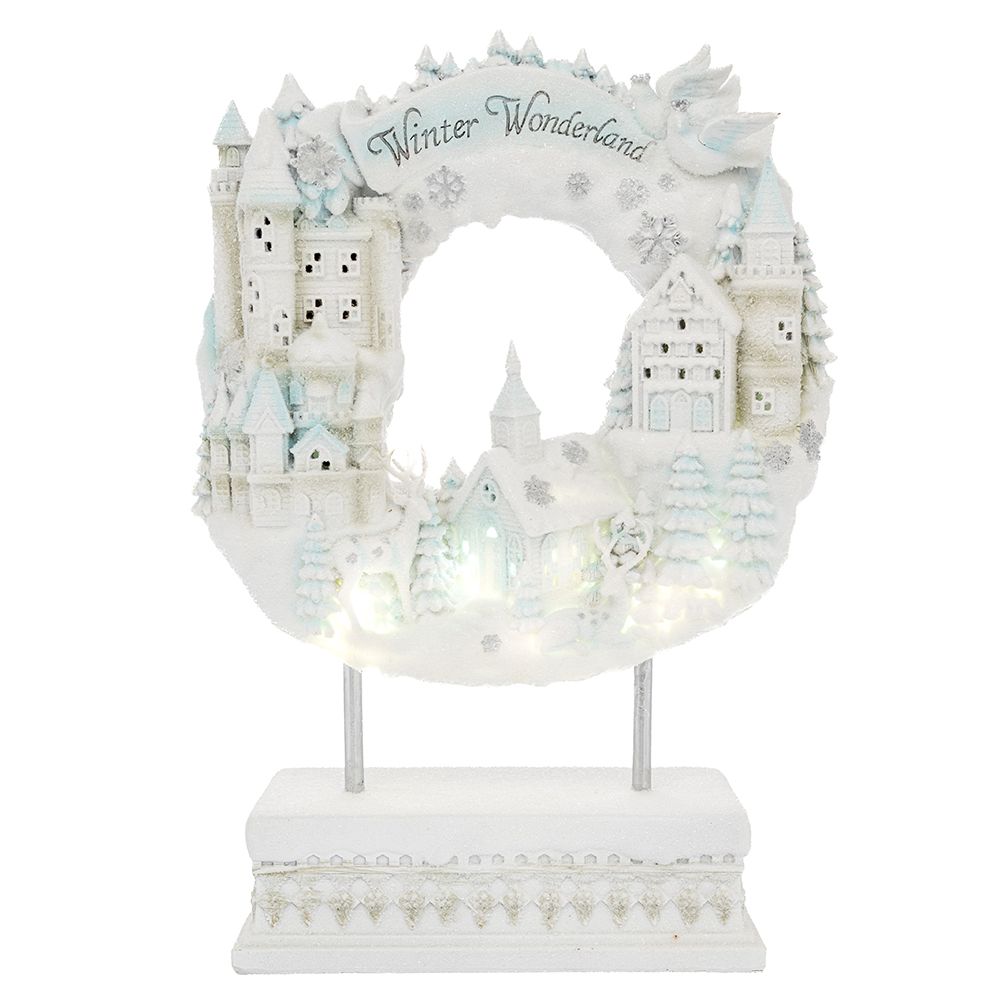 Decoratiune de Craciun luminoasa sub forma de coronita alba cu decor de iarna din polirasina de 48 cm