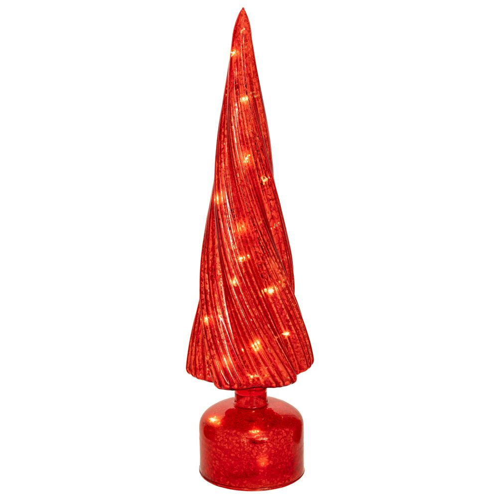 Bradut de Craciun din sticla rosie cu lumini LED si mecanism rotativ de 39.5 cm