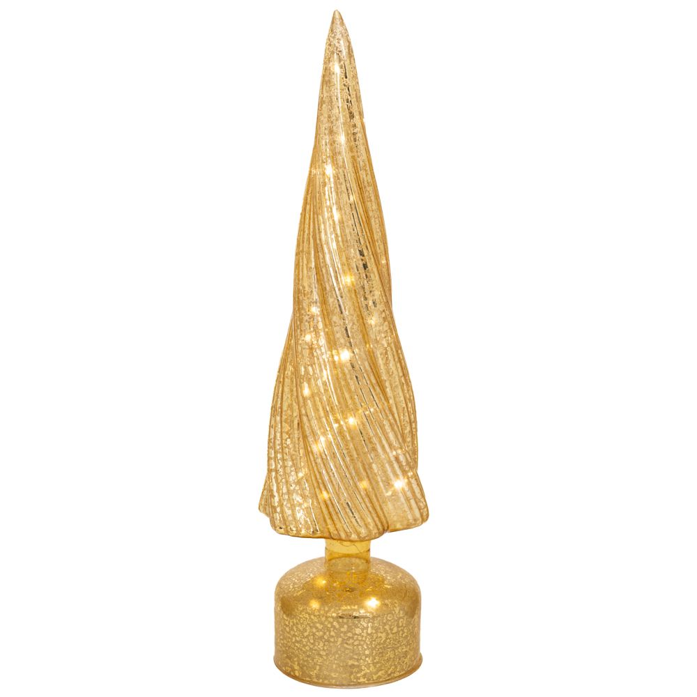 Bradut decorativ de Craciun din sticla aurie cu lumini led si mecanism rotativ