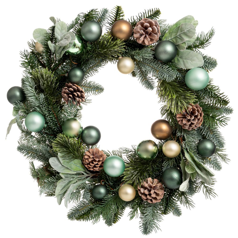 Coronita de brad artificial de 50 cm decorata cu conuri si globuri in nuante de verde maro si crem