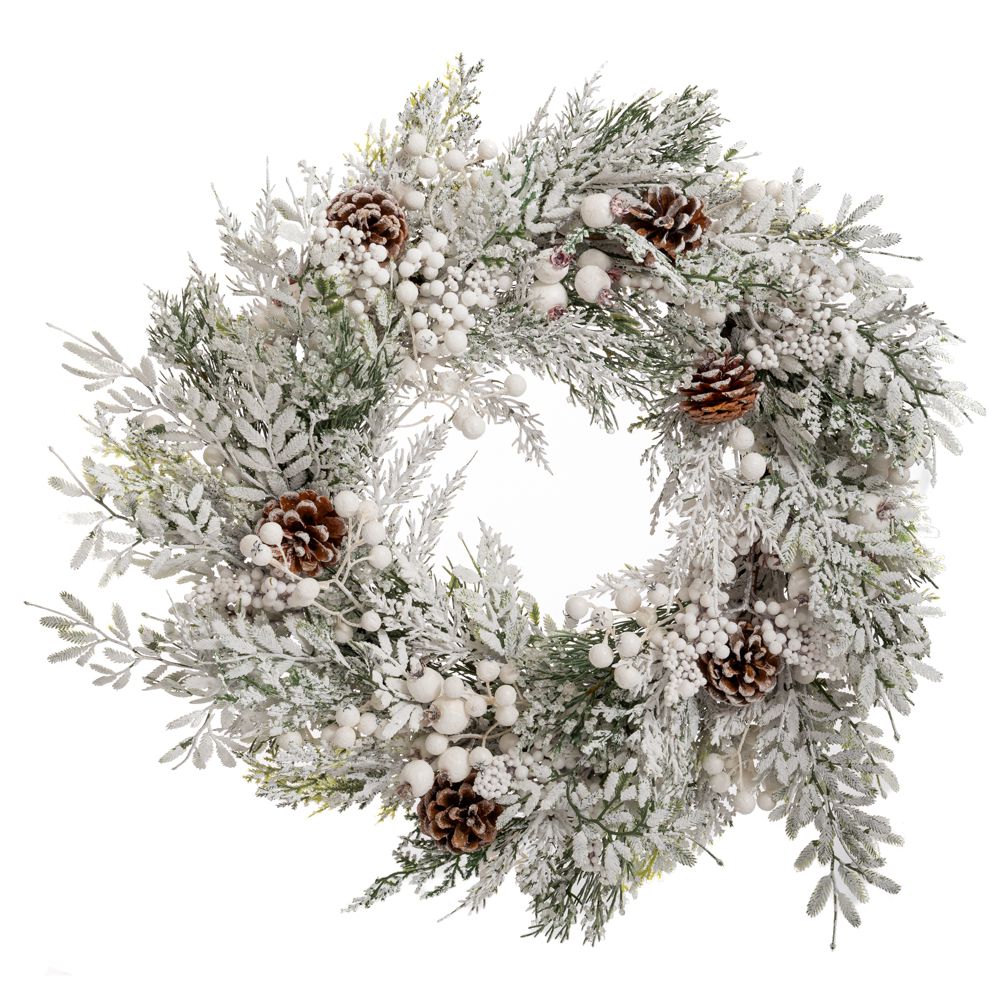 Coronita de brad artificial ninsa decorata cu conuri si merisoare albe de cincizeci si cinci centimetri pentru decor de Craciun