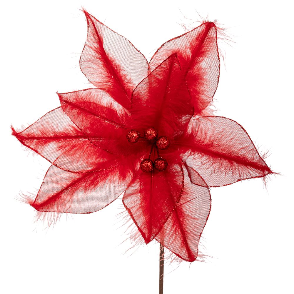 floare Craciunita rosie decorativa pentru brad cu pene 40 cm