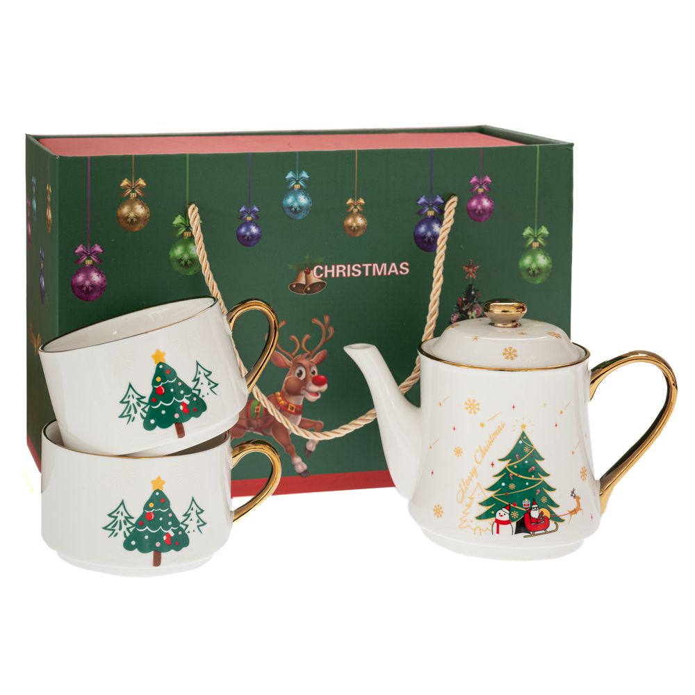 set trei piese pentru servit ceai cu decoratiuni de Craciun pe masa festiva