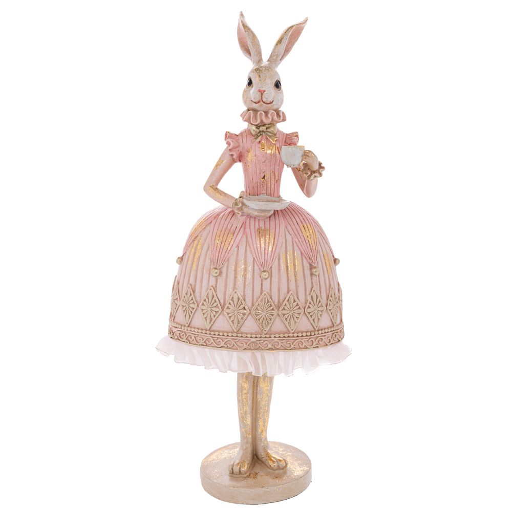 Decoratiune de Paste reprezentand o doamna iepuras cu rochie roz de bal si detalii aurii antichizate avand inaltimea de 40 cm