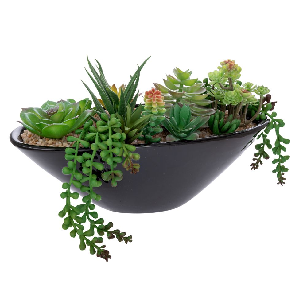 Aranjament plante suculente artificiale in ghiveci ceramic negru rotund