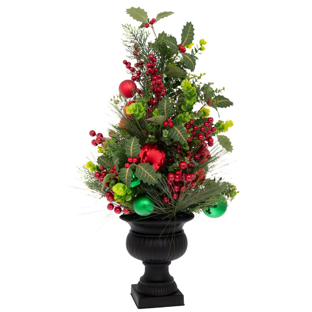 Decoratiune Craciun copac verde artificial cu merisoare rosii si globuri rosii/verzi, in ghiveci de plastic, 80 cm