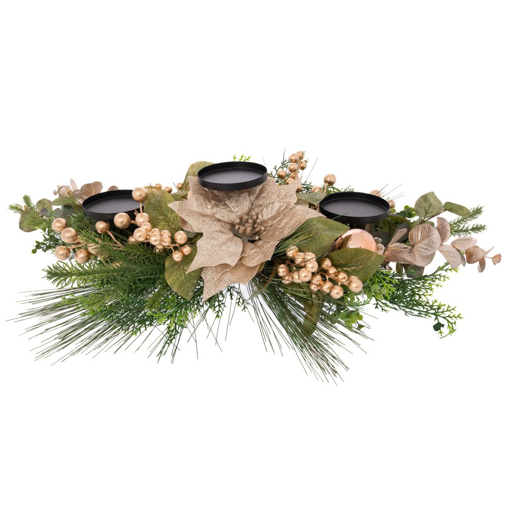 Decoratiune de Craciun cu suporturi pentru lumanari si flori aurii de Craciunita