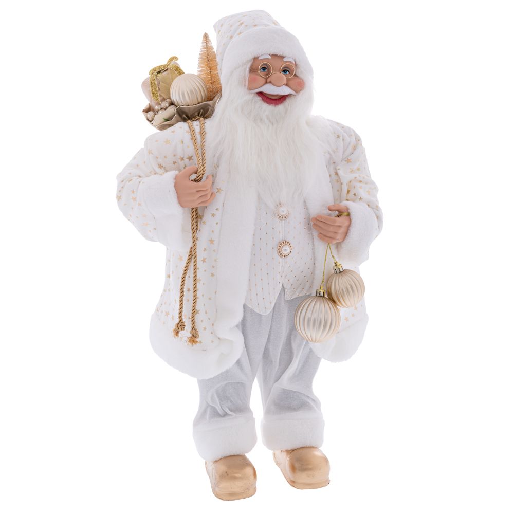 Figurina Mos Craciun cu haine albe inaltime 60 cm pentru decor interior de iarna