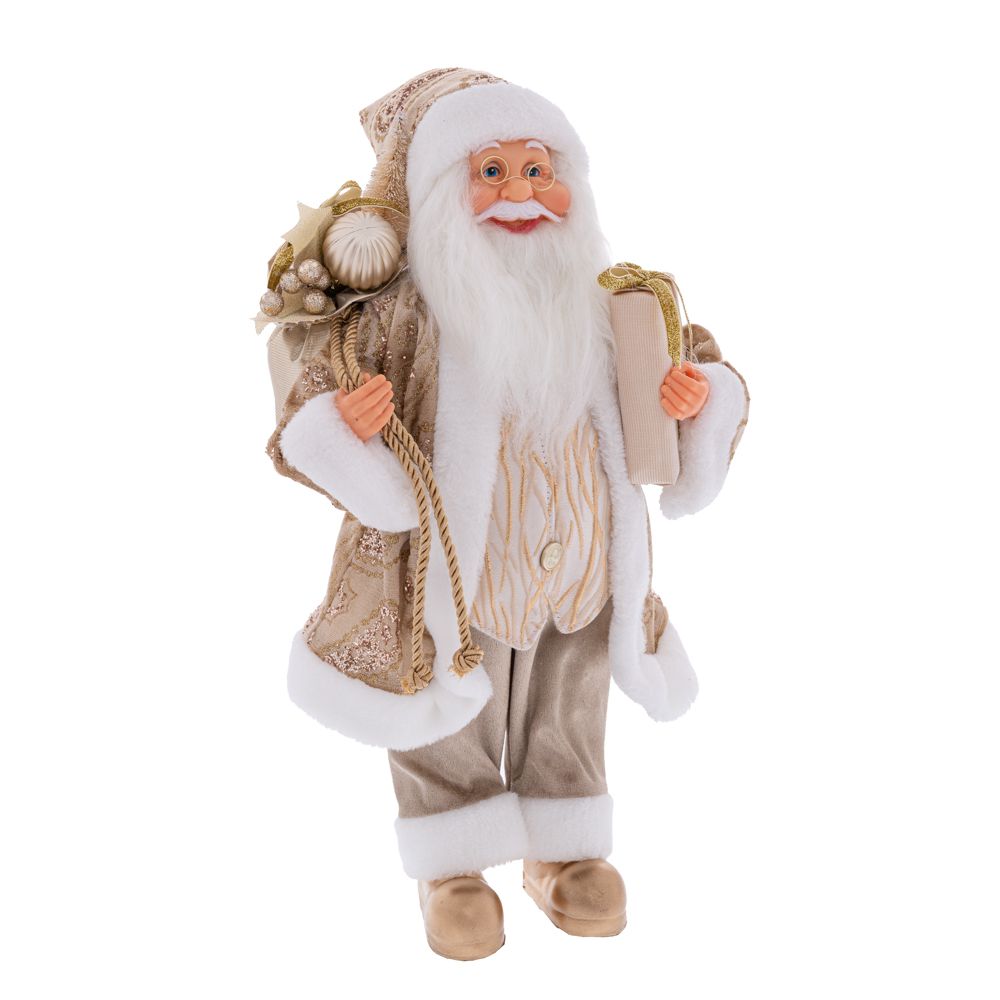 Figurina Mos Craciun cu haine bej inalta de 45 cm pe fundal neutru