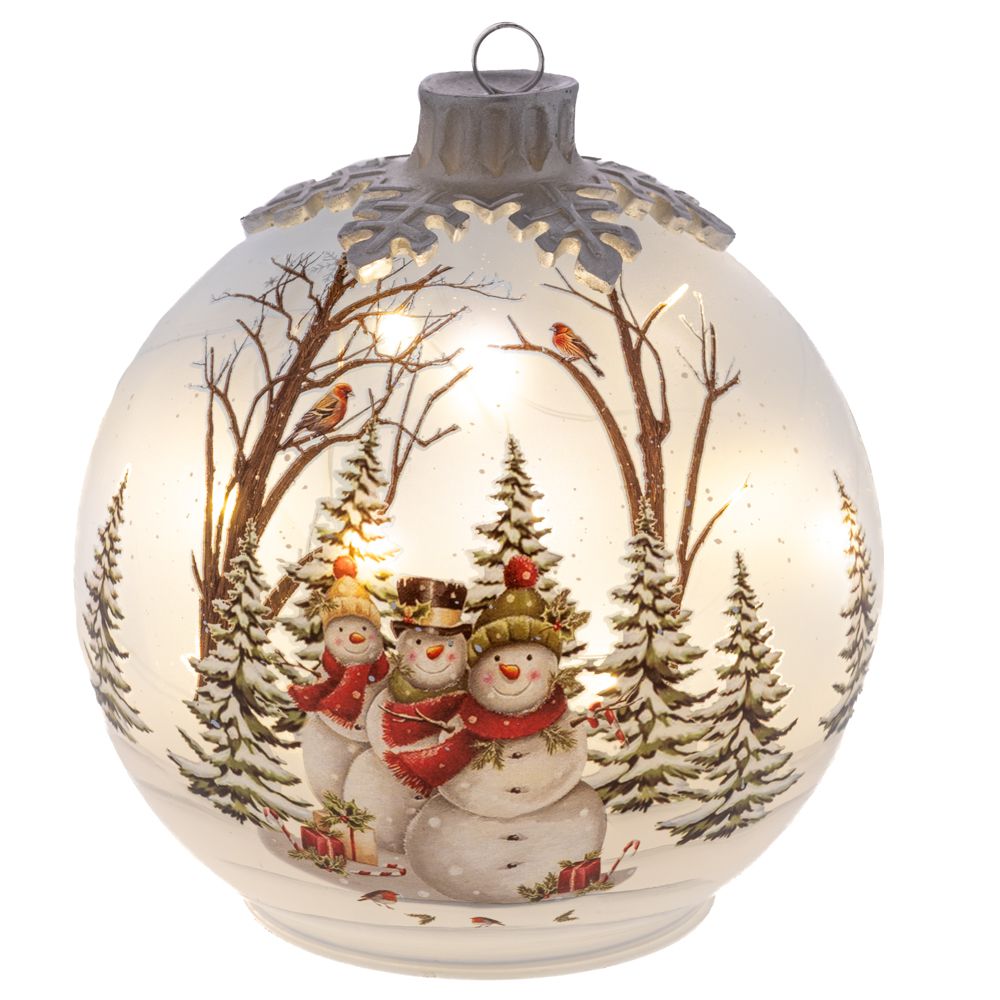 Glob de sticla cu oameni de zapada si lumini LED pentru decor de Craciun