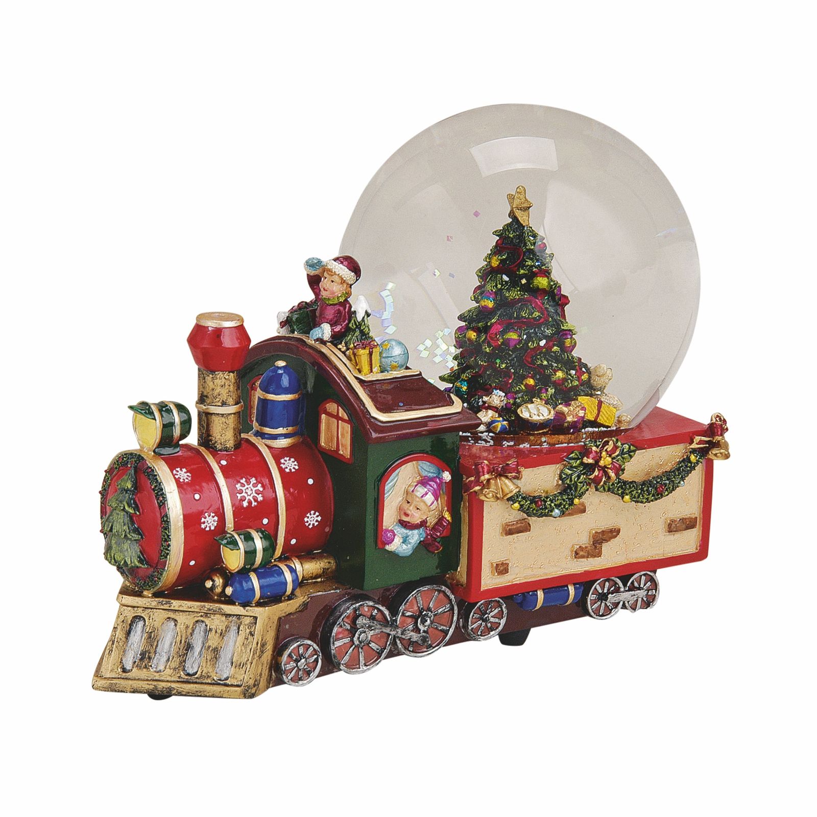 Locomotiva festiva de Craciun cu glob de zapada integrat si functie muzicala pentru decorul de sarbatori