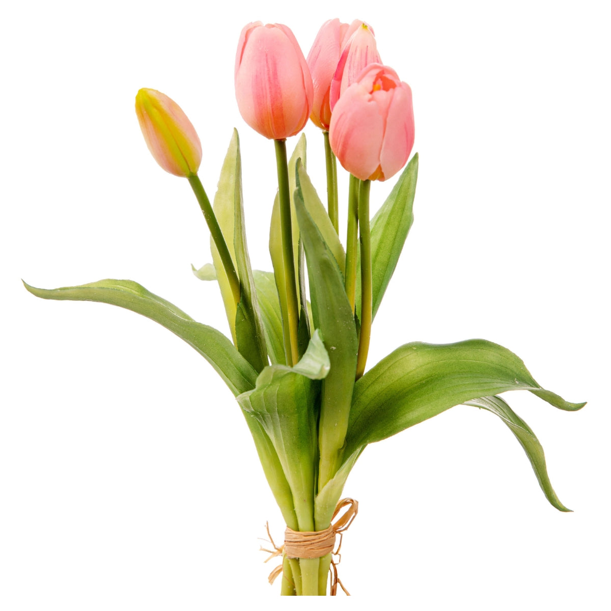 Buchet de cinci lalele artificiale de culoare roz cu tulpini si frunze verzi lungime treizeci centimetri