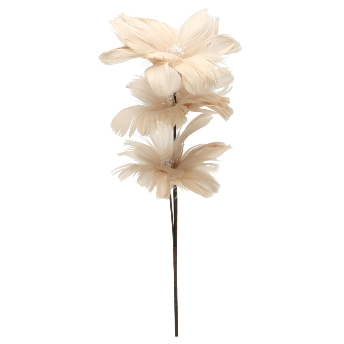Decoratiune pentru brad de Craciun tip fir cu trei flori de magnolie realizate din pene de culoare crem avand lungimea de saizeci si cinci centimetri