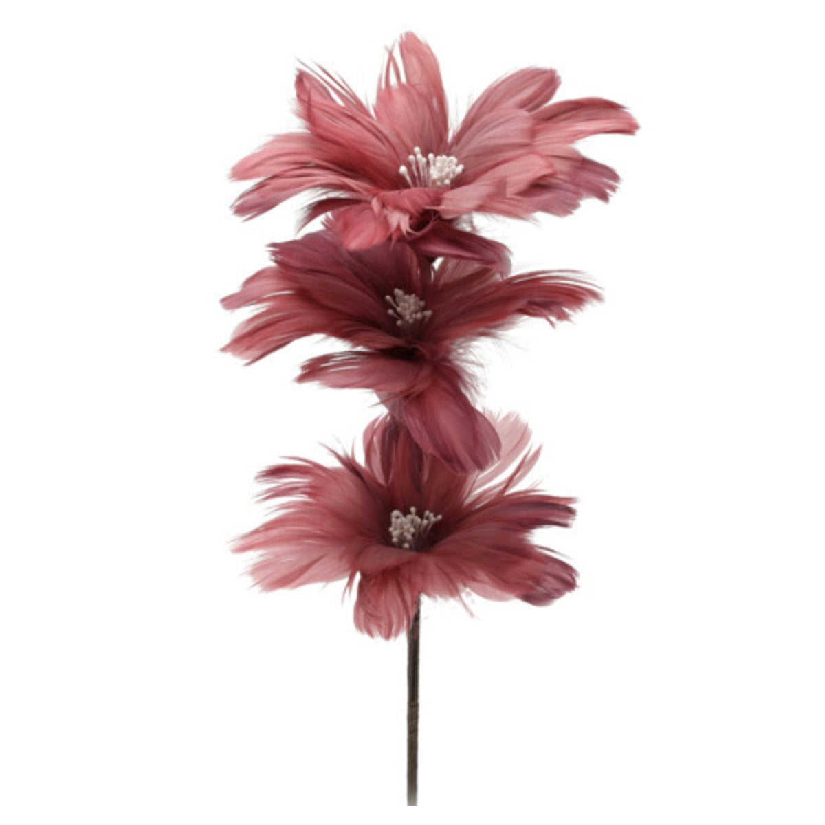 Decoratiune de brad tip fir cu trei flori de magnolie realizate din pene roz prafuit lungime saizeci si cinci centimetri