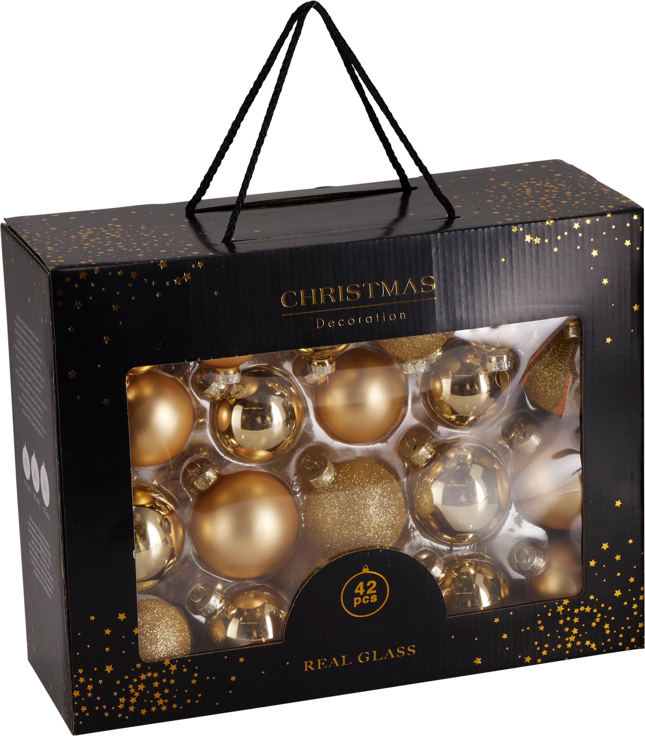 Set globuri aurii pentru bradul de Craciun cu finisaje variate in cutie de prezentare