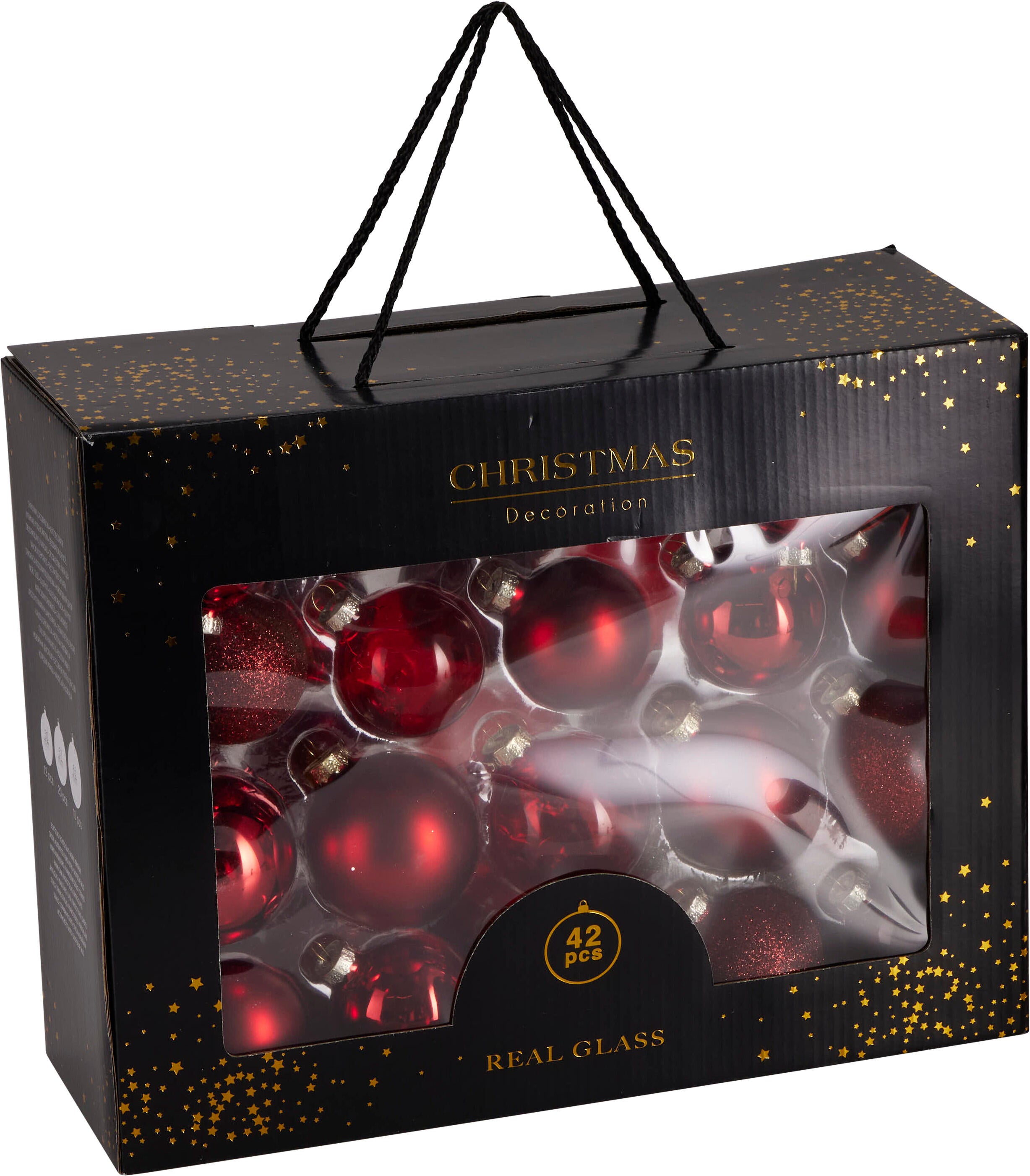 Set globuri de Craciun din sticla rosie cu finisaje lucioase mate si glitter in cutie de prezentare