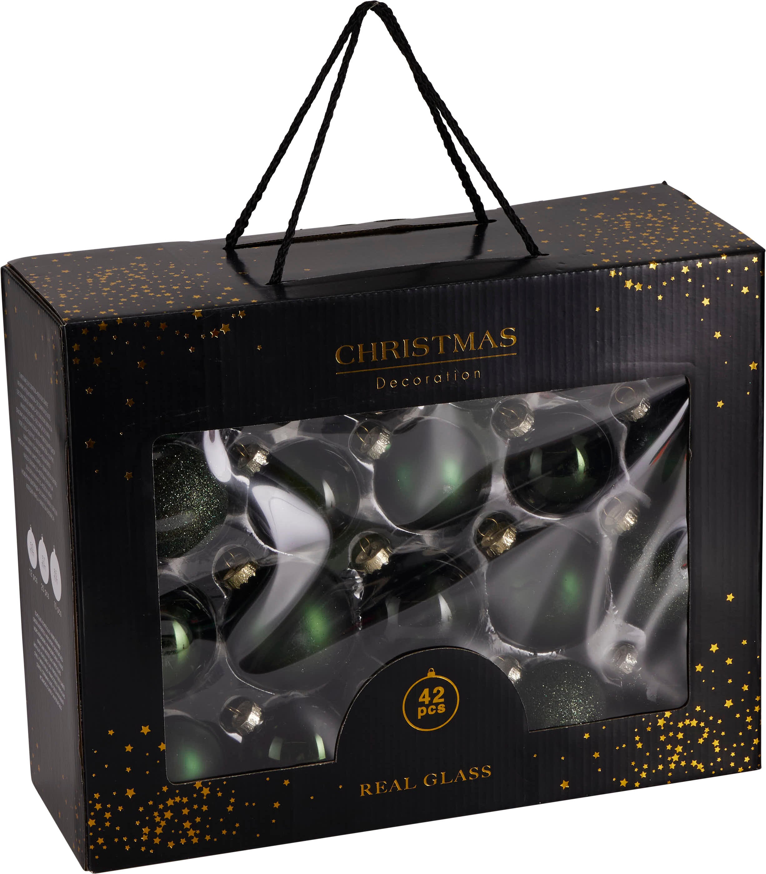 Set 42 globuri din sticla verde inchis pentru bradul de Craciun cu finisaje mate lucioase si glitter