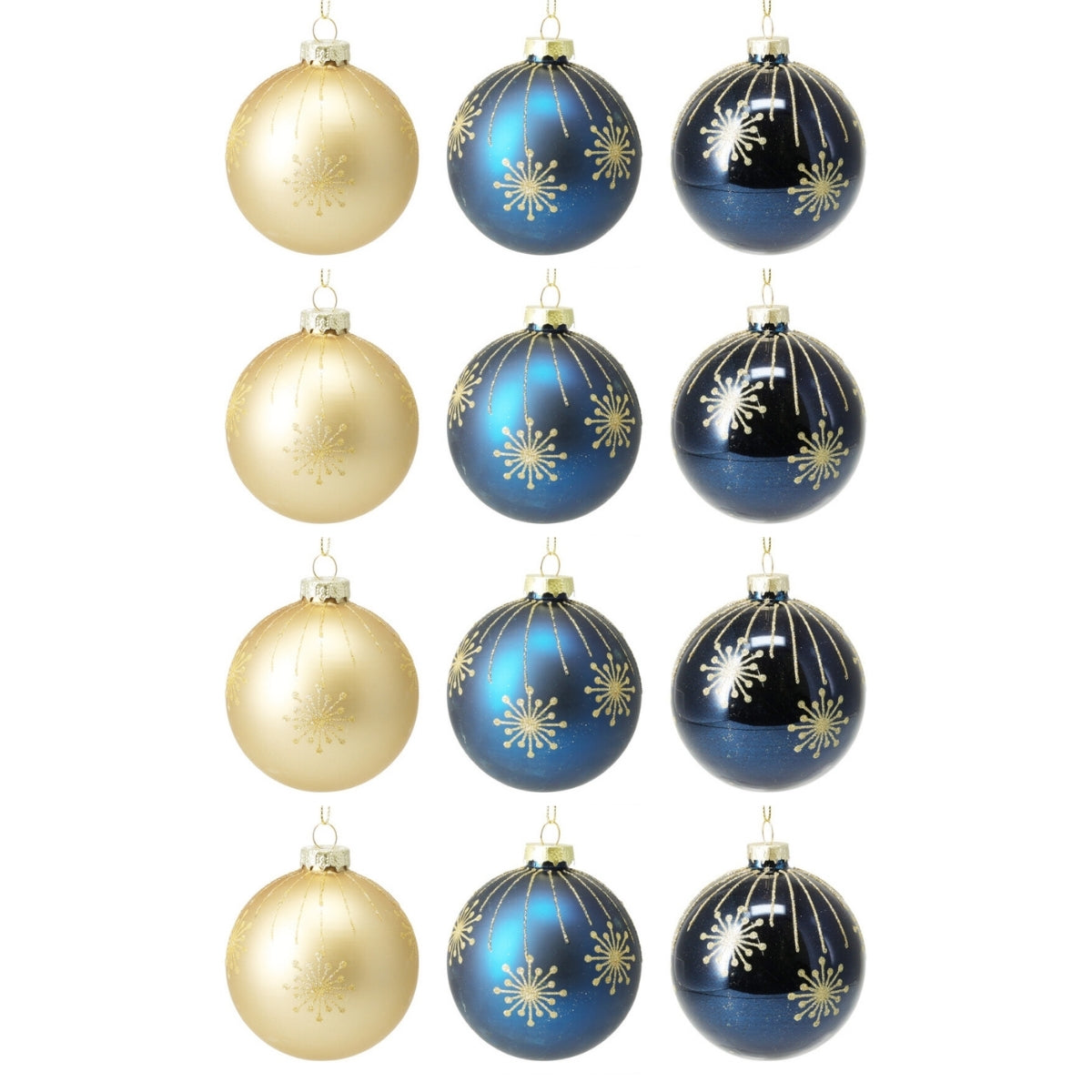 Set 12 globuri din sticla, aurii si albastre cu sclipici, diametru 8 cm