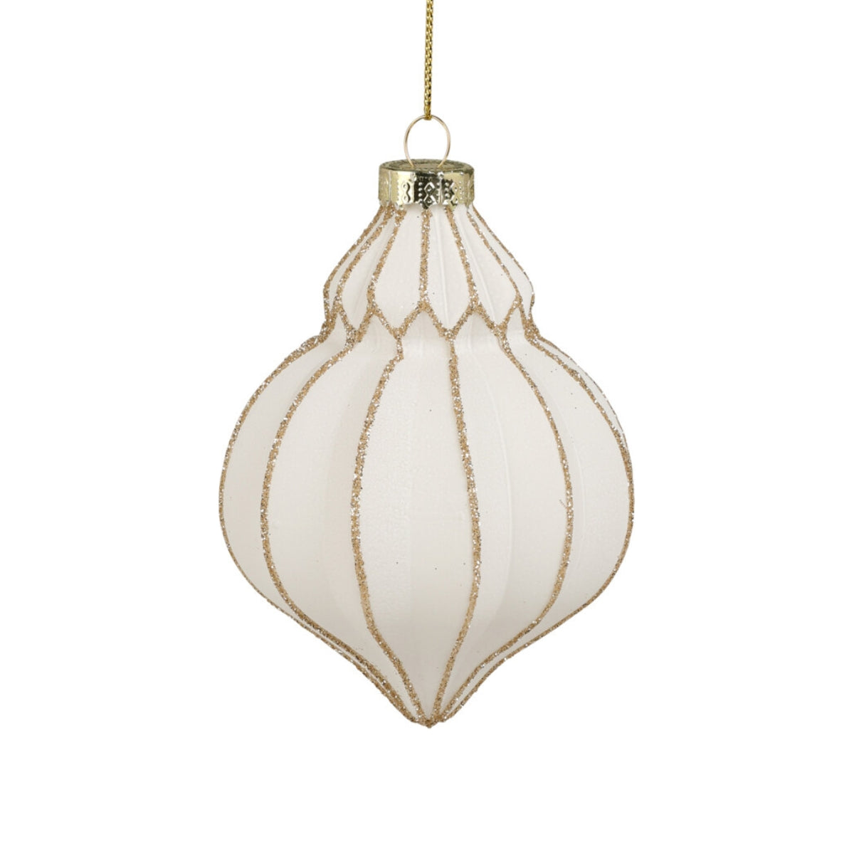 Set 12 globuri conice din sticla alba cu finisaje aurii, diametru 7 cm