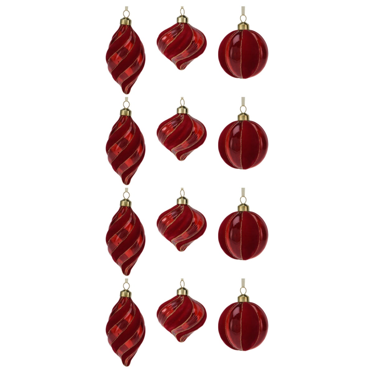 Set 12 globuri din sticla, rosii cu modele de catifea, diametru 7-8 cm