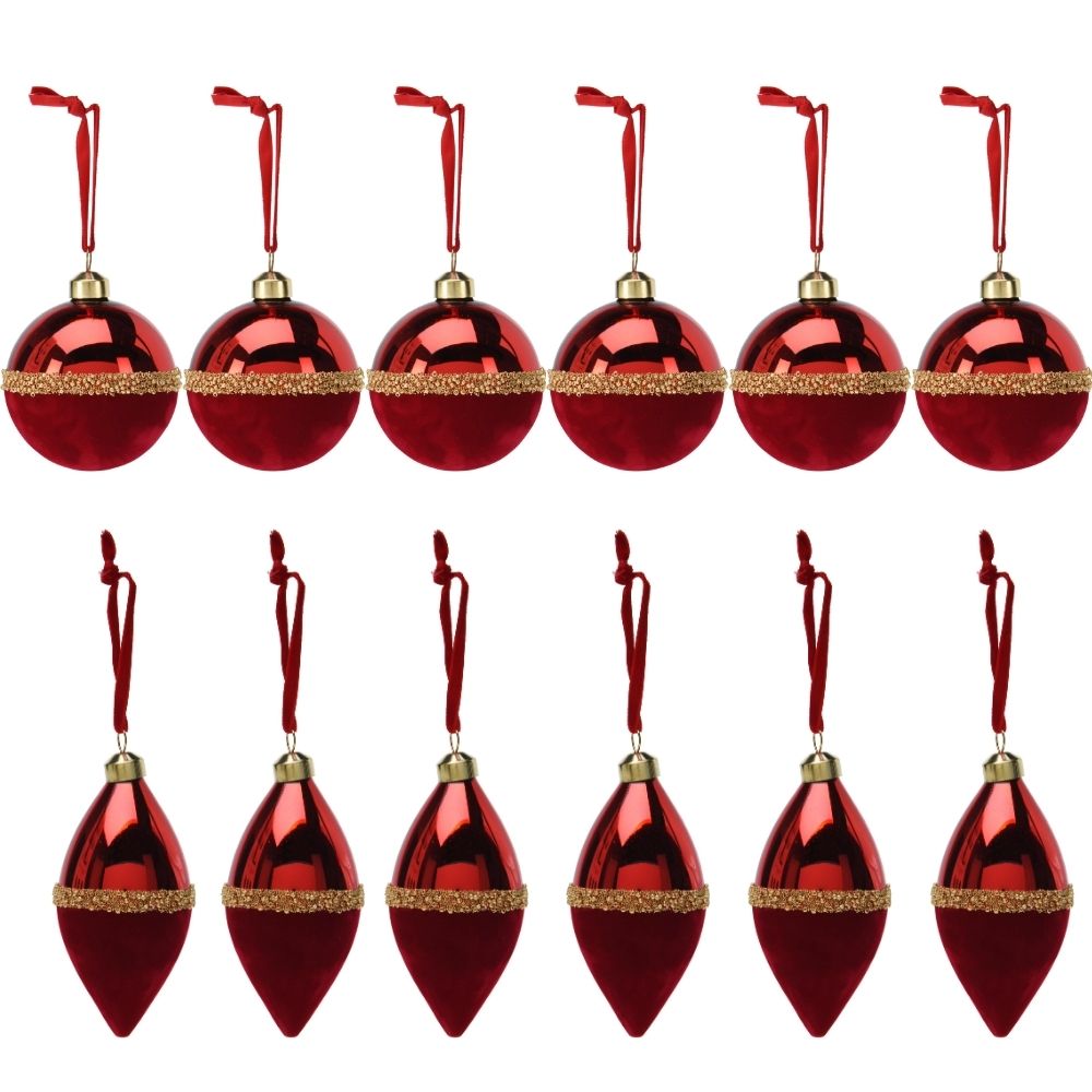 Set 12 globuri de sticla rosii, 2 modele, 8 cm