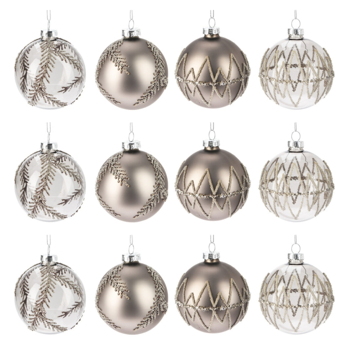 Set 12 globuri din sticla, gri si transparente cu sclipici, 8 cm