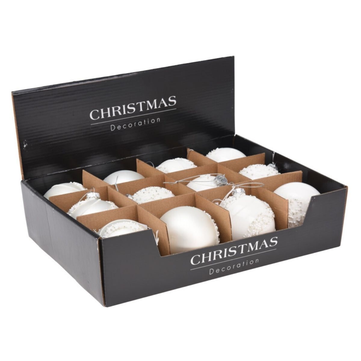 Set douasprezece globuri din sticla de culoare alb opal decorate cu margele rotunde pentru bradul de Craciun