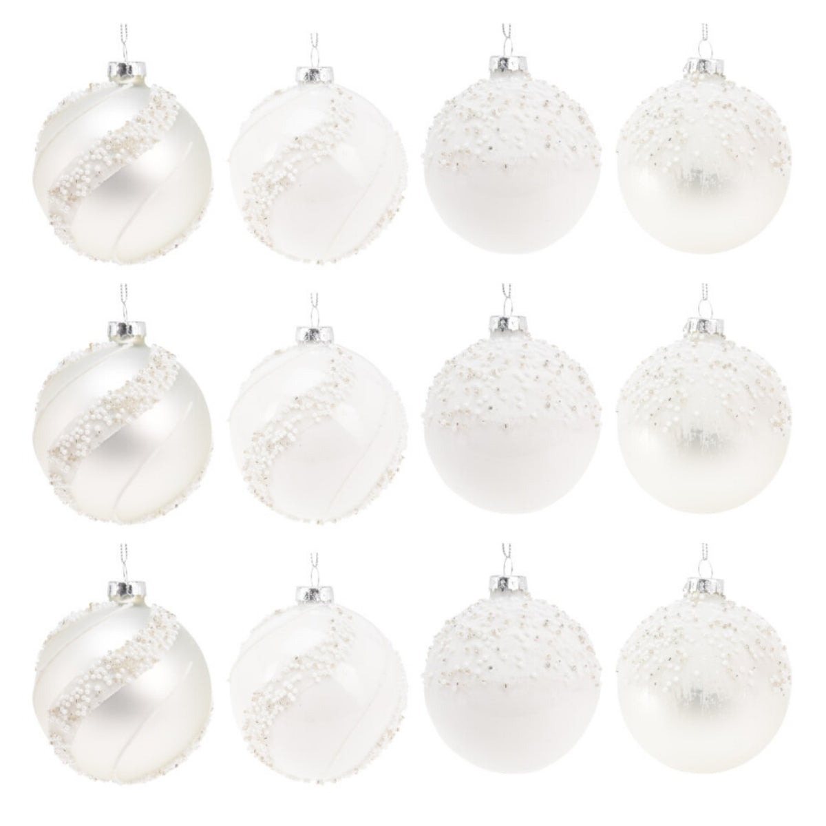 Set 12 globuri din sticla, albe opal decorate cu margele, diametru 8 cm