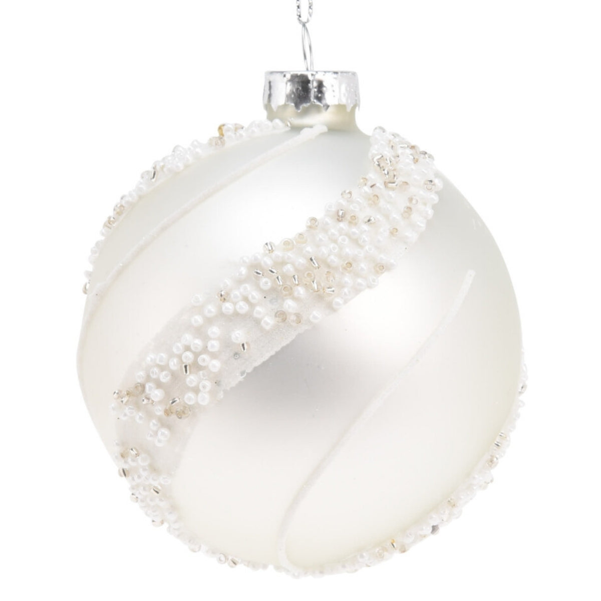 Set 12 globuri din sticla, albe opal decorate cu margele, diametru 8 cm