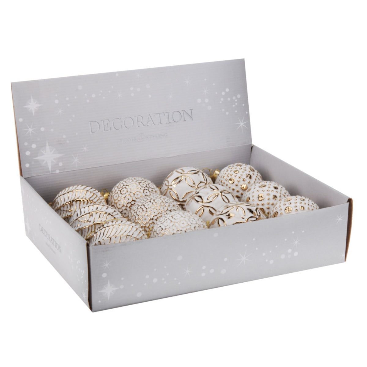 Set de douasprezece globuri rotunde din sticla alba decorate cu modele geometrice aurii pentru bradul de Craciun