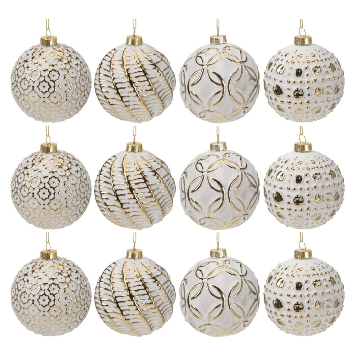 Set 12 globuri din sticla alba cu modele aurii, 8 cm