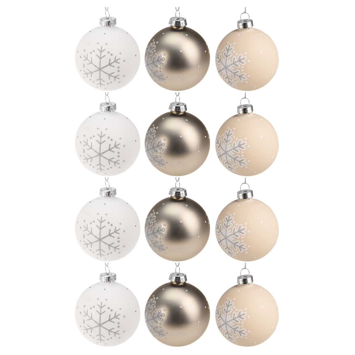 Set 12 globuri din sticla, albe, crem si auriu-platinat, cu fulgi, 8 cm